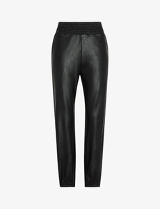 UNIKONCEPT Lifestyle Boutique and Lounge; Commando Faux Leather Smocked Jogger in Black pictured on a white background