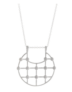 UNIKONCEPT Lifestyle boutique; image shows the Arya Necklace in Silver by Sarah Mulder. This necklace features a grid detailed circular pendant, front facing on a dainty silver chain.