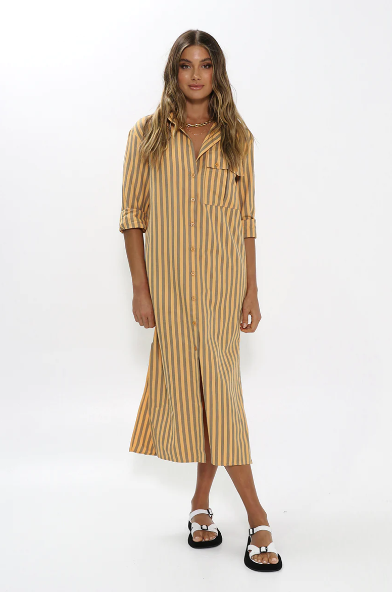 Model is wearing Jadana Shirt Dress in Orange Stripe from Madisons The Label