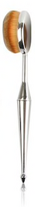 Image shows a multipurpose makeup brush with silver bases and thick oval bristle heads
