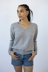 UNIKONCEPT Lifestyle Boutique and Lounge; Model wearing House of Liberty Clio V-Neck Sweater in the colour Grey