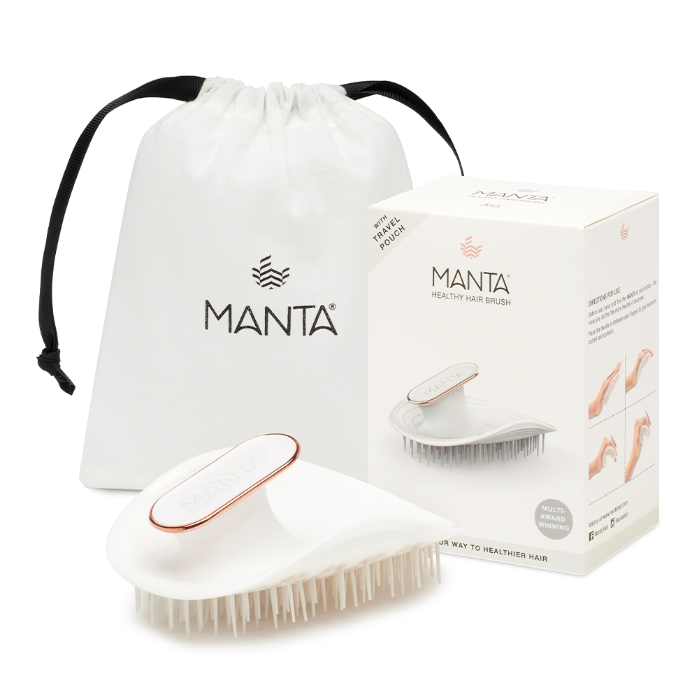 UNIKONCEPT Lifestyle Boutique and Lounge; Manta Hair Brush in White with travel pouch and packaging