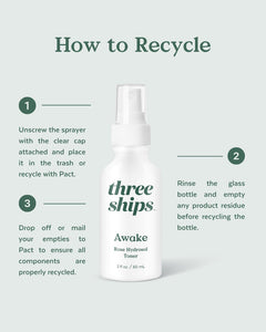 Three Ships Awake Rose Hydrosol Toner pictured on a white background with recycling details