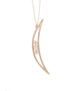UNIKONCEPT Lifestyle Boutique and Lounge; Sarah Mulder Crescent Moon Necklace in Gold on a white background - a thin, dazzling crescent moon pendant with rose quartz and moonstone in the centre