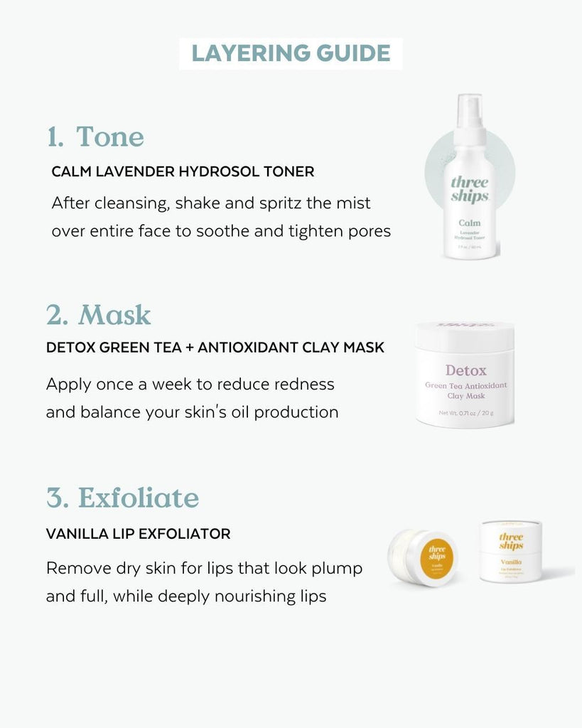 UNIKONCEPT Lifestyle Boutique and Lounge; Three Ships Self Care Kit featuring Detox Green Tea Antioxidant Clay Mask, Calm Lavender Hydrosol Toner and Vanilla Lip Exfoliator. Layering guide outlining what order to use the products in the kit