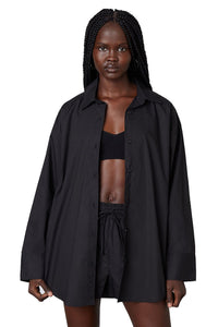 Model wearing Leanne Oversized Button Up in Black from NIA available at UniKoncept in Waterloo